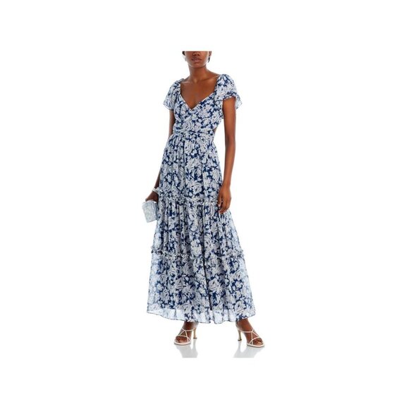 AQUA Flutter Sleeve Tiered Maxi Dress Women's Navy/White Floral Cutout Zip Up - Picture 1 of 5